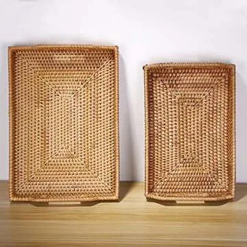 Hipiwe 2PCS Wicker Basket Serving Tray with Handles Handwoven Rattan Baskets Storage Trays Home Decorative Organizer Tray for Snack Fruit Breakfast Food Coffee Bread Gift for Women Girls