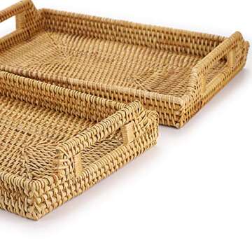 Hipiwe 2PCS Wicker Basket Serving Tray with Handles Handwoven Rattan Baskets Storage Trays Home Decorative Organizer Tray for Snack Fruit Breakfast Food Coffee Bread Gift for Women Girls