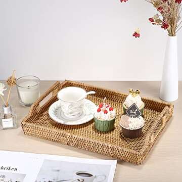 Hipiwe 2PCS Wicker Basket Serving Tray with Handles Handwoven Rattan Baskets Storage Trays Home Decorative Organizer Tray for Snack Fruit Breakfast Food Coffee Bread Gift for Women Girls