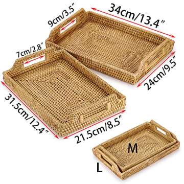 Hipiwe 2PCS Wicker Basket Serving Tray with Handles Handwoven Rattan Baskets Storage Trays Home Decorative Organizer Tray for Snack Fruit Breakfast Food Coffee Bread Gift for Women Girls