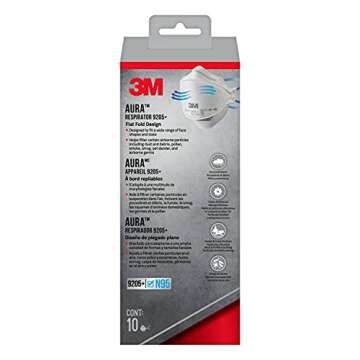 3M Aura Particulate Respirator 9205+ N95, Lightweight, Three Panel Designed Respirator Helps Provide Comfortable And Convenient Respiratory Protection, 10-Pack