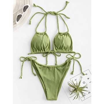 ZAFUL Triangle Bikini for Women 2 Piece Halter Bikini Sets Sexy High Cut Bathing Suit Side Tie Swimsuits Green Multiway M