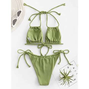 ZAFUL Triangle Bikini for Women 2 Piece Halter Bikini Sets Sexy High Cut Bathing Suit Side Tie Swimsuits Green Multiway M