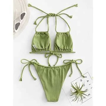 ZAFUL Triangle Bikini for Women 2 Piece Halter Bikini Sets Sexy High Cut Bathing Suit Side Tie Swimsuits Green Multiway M