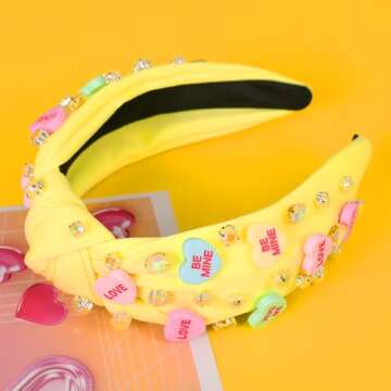 Gmmidea Valentine’s Day Headband for Women Candy Love Conversation Heart Headband Jeweled Beaded Heart Knotted Headband Sparkly Red Pink Rhinestone Hairband Valentines Accessories Gifts