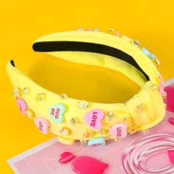 Gmmidea Valentine’s Day Headband for Women Candy Love Conversation Heart Headband Jeweled Beaded Heart Knotted Headband Sparkly Red Pink Rhinestone Hairband Valentines Accessories Gifts