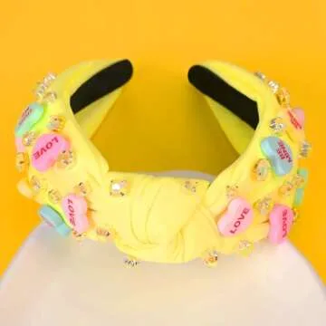 Gmmidea Valentine’s Day Headband for Women Candy Love Conversation Heart Headband Jeweled Beaded Heart Knotted Headband Sparkly Red Pink Rhinestone Hairband Valentines Accessories Gifts