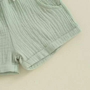 Kupretty Baby Boy Summer Clothes Toddler Outfit Cotton Linen Short Sleeve Button T-Shirt Tees + Shorts Infant Clothing Set (A-Green, 0-6 Months)