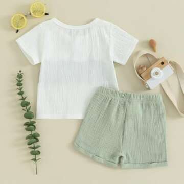 Kupretty Baby Boy Summer Clothes Toddler Outfit Cotton Linen Short Sleeve Button T-Shirt Tees + Shorts Infant Clothing Set (A-Green, 0-6 Months)