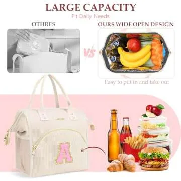 ADYOOM Personalized Lunch Box for Women, Preppy Reusable Insulated Initials Lunch Bag Gift for Friend Large Wide-Open Water Resistant Adult Cooler Tote Bag for Work, Travel, Picnic Beige L