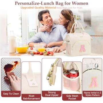 ADYOOM Personalized Lunch Box for Women, Preppy Reusable Insulated Initials Lunch Bag Gift for Friend Large Wide-Open Water Resistant Adult Cooler Tote Bag for Work, Travel, Picnic Beige L