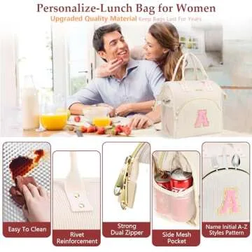 ADYOOM Personalized Lunch Box for Women, Preppy Reusable Insulated Initials Lunch Bag Gift for Friend Large Wide-Open Water Resistant Adult Cooler Tote Bag for Work, Travel, Picnic Beige L