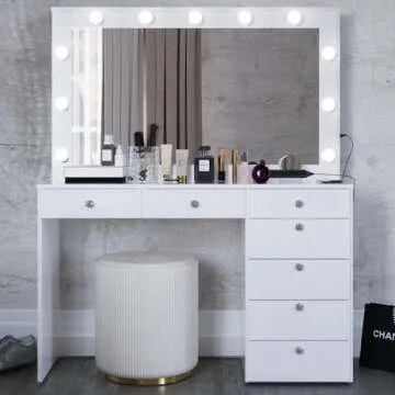 Boahaus Serena - Glass Top Large Vanity Desk w/Hollywood Mirror Lights, 7 Drawers, Crystal Knobs, US...