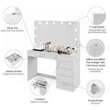 Boahaus Serena - Glass Top Large Vanity Desk w/Hollywood Mirror Lights, 7 Drawers, Crystal Knobs, USB Type-C & Type-A, Power Outlet, Stylish Makeup Table w/Mirror for Women, Teens, Bedrooms – White