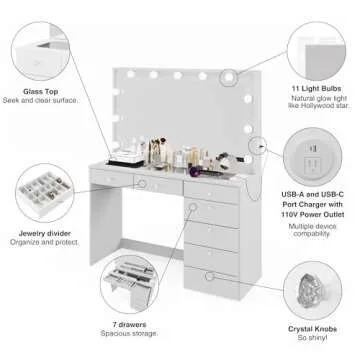 Stylish Boahaus Serena Vanity with Hollywood Lights and USB Ports