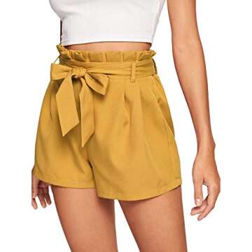 SweatyRocks Women's Casual Elastic Waist Striped Summer Beach Shorts Mustard Yellow M