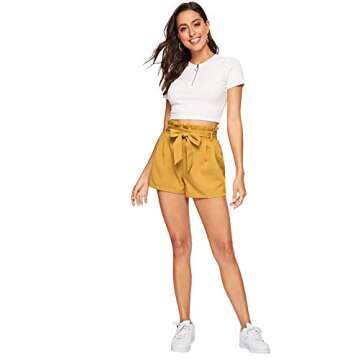 SweatyRocks Women's Casual Elastic Waist Striped Summer Beach Shorts Mustard Yellow M