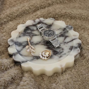 Natural Small Calacatta Viola Marble Tray 6.3", Round Scalloped Tray for Nightstand Dresser, Jewelry...