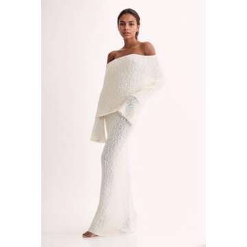 CUTEGAL Women's Off Shoulder Maxi Dress Long Sleeve Bodycon Knit Crochet Mesh Sweater Sexy Vacation Party Dresses Wrap Dress (White,L,Large)