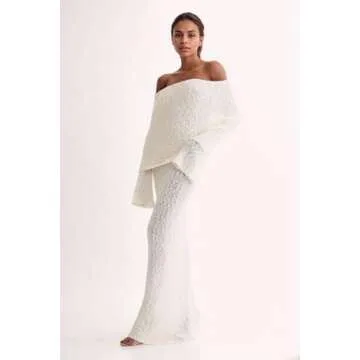 CUTEGAL Women's Off Shoulder Maxi Dress Long Sleeve Bodycon Knit Crochet Mesh Sweater Sexy Vacation Party Dresses Wrap Dress (White,L,Large)