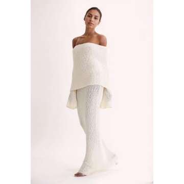 CUTEGAL Women's Off Shoulder Maxi Dress Long Sleeve Bodycon Knit Crochet Mesh Sweater Sexy Vacation Party Dresses Wrap Dress (White,L,Large)