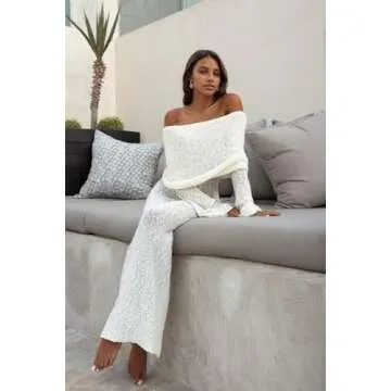 CUTEGAL Women's Off Shoulder Maxi Dress Long Sleeve Bodycon Knit Crochet Mesh Sweater Sexy Vacation Party Dresses Wrap Dress (White,L,Large)
