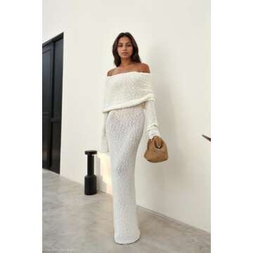 CUTEGAL Women's Off Shoulder Maxi Dress Long Sleeve Bodycon Knit Crochet Mesh Sweater Sexy Vacation Party Dresses Wrap Dress (White,L,Large)