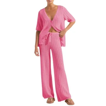 Imily Bela Women's Summer 2 Piece Swimsuit Cover up Crochet Knit Cardigan Tops Long Pants Set Bathin...