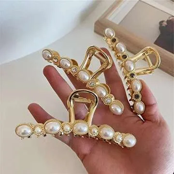 Agirlvct HAIR CLIP, 4.3inch Gold Hair Clips with Pearl and Rhinestone, Strong Hold Hair Jaw Clips for Women Girls Long Thick Hair (3 Pack)