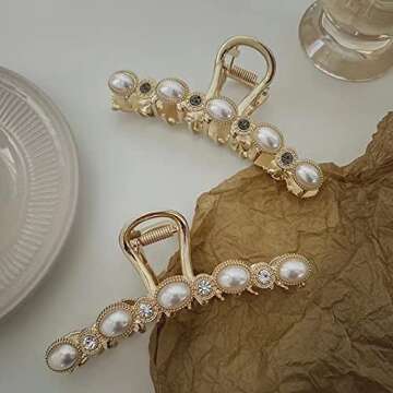 Agirlvct HAIR CLIP, 4.3inch Gold Hair Clips with Pearl and Rhinestone, Strong Hold Hair Jaw Clips for Women Girls Long Thick Hair (3 Pack)