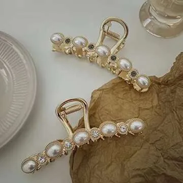 Agirlvct HAIR CLIP, 4.3inch Gold Hair Clips with Pearl and Rhinestone, Strong Hold Hair Jaw Clips for Women Girls Long Thick Hair (3 Pack)