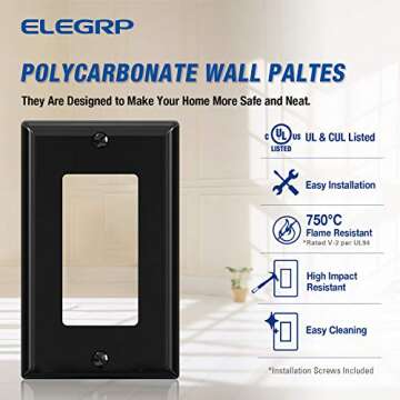 ELEGRP Decorative Receptacle Wall Plate, 1-Gang Standard Size Outlet Decorator Cover, Unbreakable Polycarbonate Dual Port Faceplates Covers, UL Listed, Screws included (10 Pack, Glossy Black)