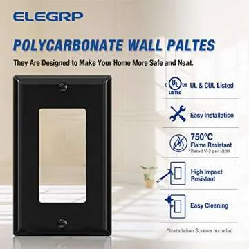 ELEGRP Decorative Receptacle Wall Plate, 1-Gang Standard Size Outlet Decorator Cover, Unbreakable Polycarbonate Dual Port Faceplates Covers, UL Listed, Screws included (10 Pack, Glossy Black)