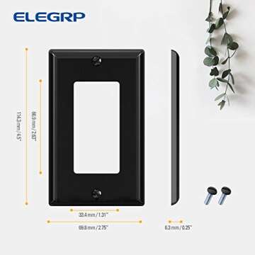 ELEGRP Decorative Receptacle Wall Plate, 1-Gang Standard Size Outlet Decorator Cover, Unbreakable Polycarbonate Dual Port Faceplates Covers, UL Listed, Screws included (10 Pack, Glossy Black)