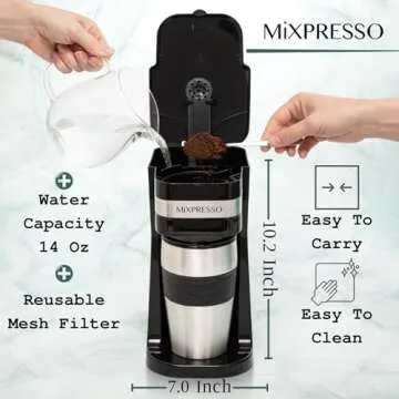 Mixpresso Personal Single Serve Coffee Maker & 14oz Travel Mug, Drip Small Coffee Maker & Tumbler, Auto Shut Off & Reusable Filter, Compatible with Coffee Grounds