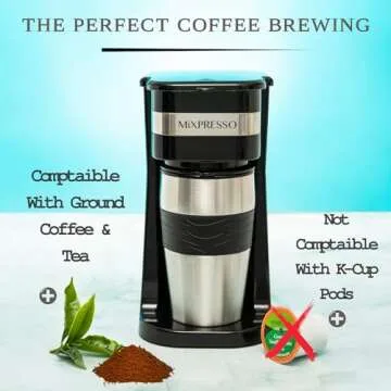 Mixpresso Personal Single Serve Coffee Maker & 14oz Travel Mug, Drip Small Coffee Maker & Tumbler, Auto Shut Off & Reusable Filter, Compatible with Coffee Grounds