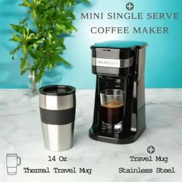 Mixpresso Personal Single Serve Coffee Maker & 14oz Travel Mug, Drip Small Coffee Maker & Tumbler, Auto Shut Off & Reusable Filter, Compatible with Coffee Grounds