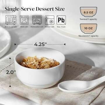 DOWAN 10 OZ Ice Cream Bowls - 4.25" Ceramic Dessert Bowls Set of 6 - Porcelain Small Bowls for Side Dishes, Ice Cream, Oatmeal, Fruit, Portion Control - Dishwasher Microwave Safe
