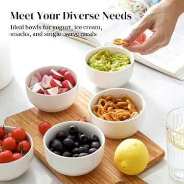 DOWAN 10 OZ Ice Cream Bowls - 4.25" Ceramic Dessert Bowls Set of 6 - Porcelain Small Bowls for Side Dishes, Ice Cream, Oatmeal, Fruit, Portion Control - Dishwasher Microwave Safe