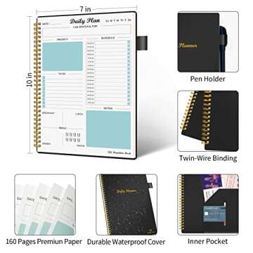 Daily Planner Undated, To Do List Notebook with Hourly Schedule Regolden-Book Calendars Meal, Spiral Appointment Organizers Notebook for Man/Women, Pocket,Pen Loop, 160 Pages (7x10")
