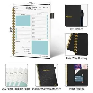 Daily Planner Undated, To Do List Notebook with Hourly Schedule Regolden-Book Calendars Meal, Spiral Appointment Organizers Notebook for Man/Women, Pocket,Pen Loop, 160 Pages (7x10")
