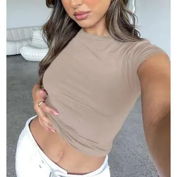 Dressmine Women Sexy Basic T Shirts Tops Summer Short Sleeve Round Neck Fitting Going Out Y2k Baby Tee Taupe S
