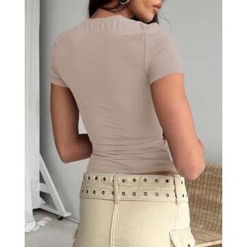 Dressmine Women Sexy Basic T Shirts Tops Summer Short Sleeve Round Neck Fitting Going Out Y2k Baby Tee Taupe S