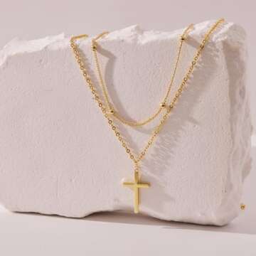 Poxtex 14K Gold Plated Cross Necklace for Women with Satellite Bead Choker | Dainty | Delicate | Sim...