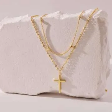 Poxtex 14K Gold Plated Cross Necklace for Women with Satellite Bead Choker | Dainty | Delicate | Sim...