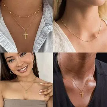 Poxtex 14K Gold Plated Cross Necklace for Women with Satellite Bead Choker | Dainty | Delicate | Simple Fashion Jewelry Gifts