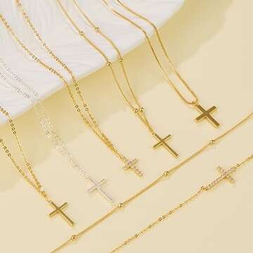 Poxtex 14K Gold Plated Cross Necklace for Women with Satellite Bead Choker | Dainty | Delicate | Simple Fashion Jewelry Gifts
