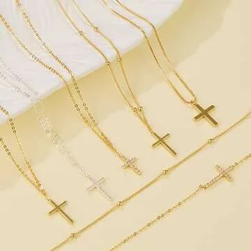 Poxtex 14K Gold Plated Cross Necklace for Women with Satellite Bead Choker | Dainty | Delicate | Simple Fashion Jewelry Gifts