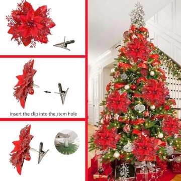 18 PCS Poinsettia Artificial Christmas Flowers, Christmas Tree Flowers Decorations,Christmas Decor Glitter Poinsettia with Clips,Red Poinsettia Flowers for Christmas Tree Ornaments Xmas Decor