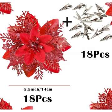 18 PCS Poinsettia Artificial Christmas Flowers, Christmas Tree Flowers Decorations,Christmas Decor Glitter Poinsettia with Clips,Red Poinsettia Flowers for Christmas Tree Ornaments Xmas Decor